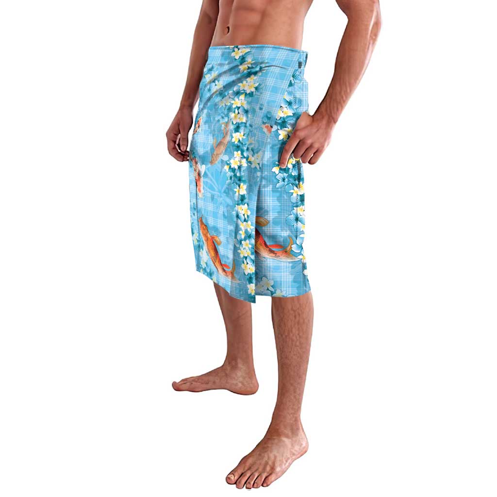 Blue Palaka Hawaiian And Japanese Lavalava Sakura Lei With Koi Fish DT05 - Polynesian Pride