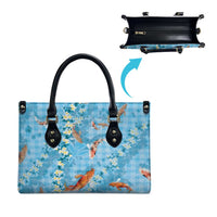 Blue Palaka Hawaiian And Japanese Leather Bag Sakura Lei With Koi Fish - Polynesian Pride