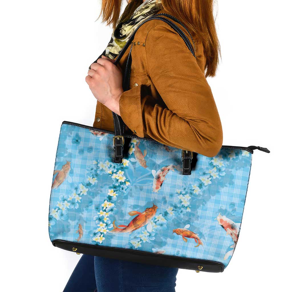 Blue Palaka Hawaiian And Japanese Leather Tote Bag Sakura Lei With Koi Fish DT05 Blue - Polynesian Pride