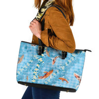 Blue Palaka Hawaiian And Japanese Leather Tote Bag Sakura Lei With Koi Fish DT05 Blue - Polynesian Pride