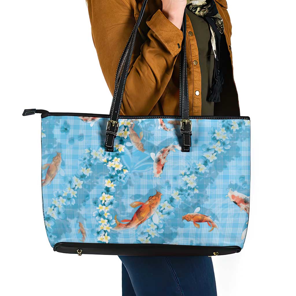 Blue Palaka Hawaiian And Japanese Leather Tote Bag Sakura Lei With Koi Fish DT05 - Polynesian Pride