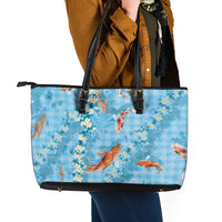 Blue Palaka Hawaiian And Japanese Leather Tote Bag Sakura Lei With Koi Fish DT05 - Polynesian Pride