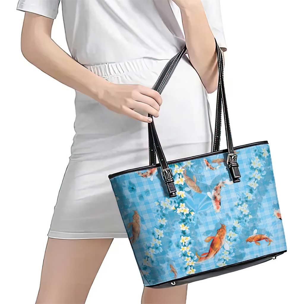 Blue Palaka Hawaiian And Japanese Leather Tote Bag Sakura Lei With Koi Fish DT05 - Polynesian Pride