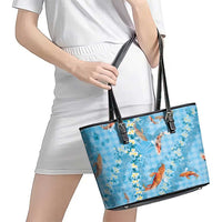 Blue Palaka Hawaiian And Japanese Leather Tote Bag Sakura Lei With Koi Fish DT05 - Polynesian Pride