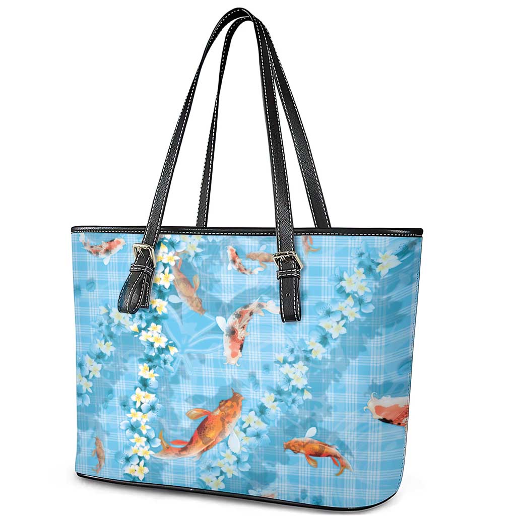 Blue Palaka Hawaiian And Japanese Leather Tote Bag Sakura Lei With Koi Fish DT05 - Polynesian Pride