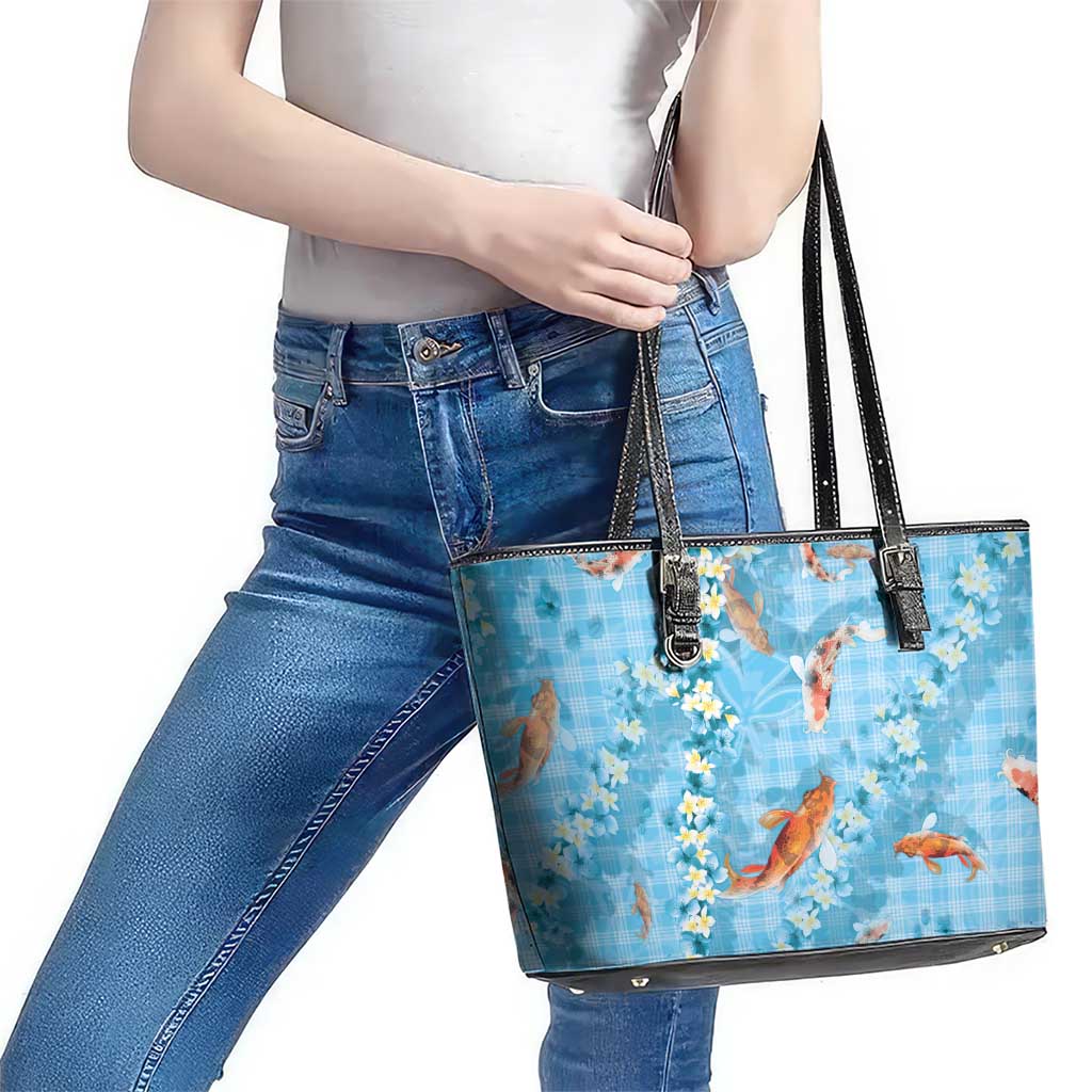 Blue Palaka Hawaiian And Japanese Leather Tote Bag Sakura Lei With Koi Fish DT05 - Polynesian Pride