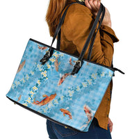Blue Palaka Hawaiian And Japanese Leather Tote Bag Sakura Lei With Koi Fish DT05 - Polynesian Pride