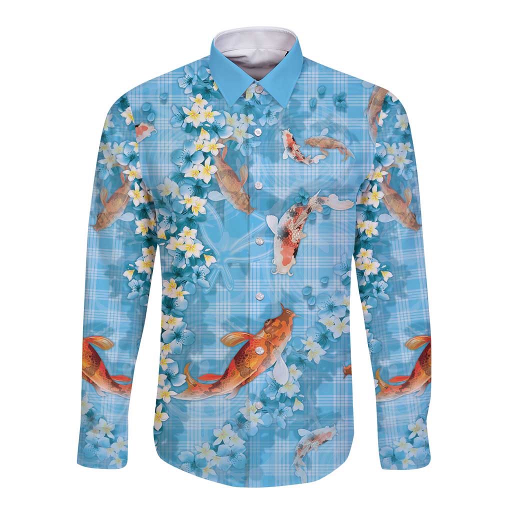 Blue Palaka Hawaiian And Japanese Long Sleeve Button Shirt Sakura Lei With Koi Fish DT05 Unisex Blue - Polynesian Pride