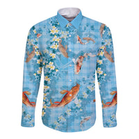 Blue Palaka Hawaiian And Japanese Long Sleeve Button Shirt Sakura Lei With Koi Fish DT05 Unisex Blue - Polynesian Pride