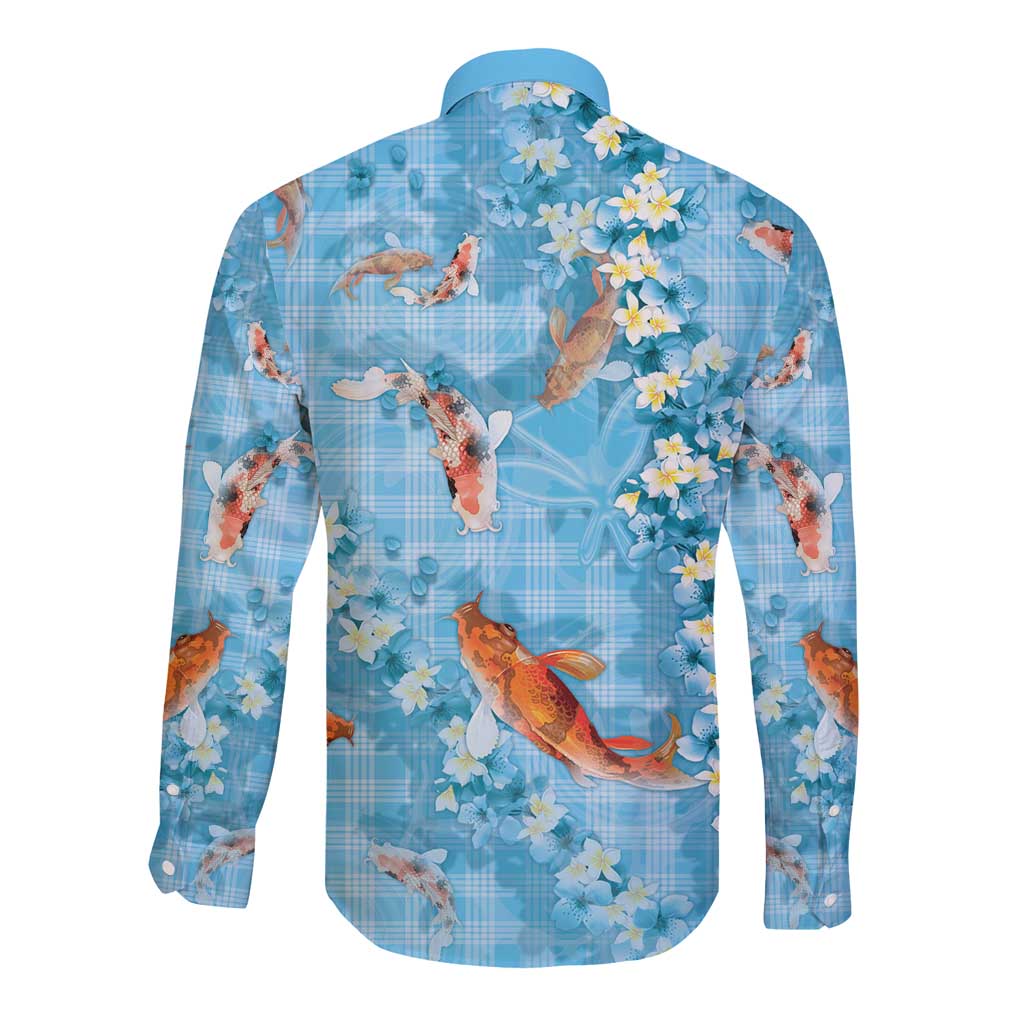 Blue Palaka Hawaiian And Japanese Long Sleeve Button Shirt Sakura Lei With Koi Fish DT05 - Polynesian Pride