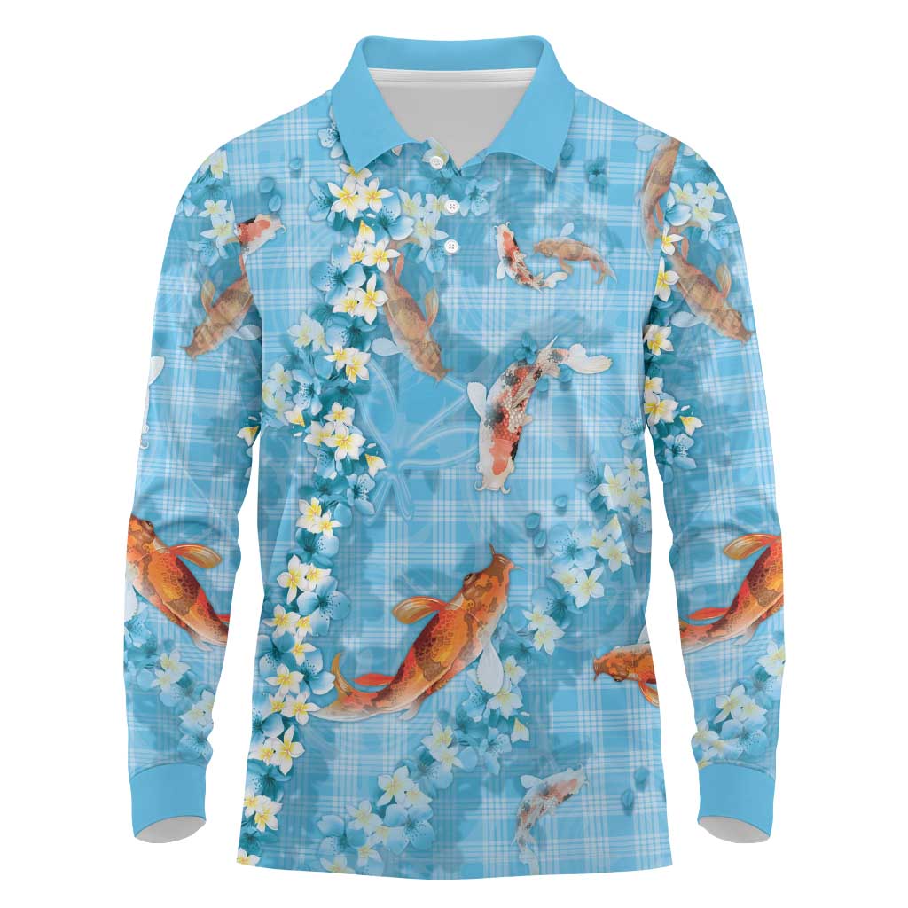 Blue Palaka Hawaiian And Japanese Long Sleeve Polo Shirt Sakura Lei With Koi Fish DT05 Blue - Polynesian Pride