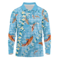 Blue Palaka Hawaiian And Japanese Long Sleeve Polo Shirt Sakura Lei With Koi Fish DT05 Blue - Polynesian Pride