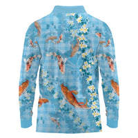 Blue Palaka Hawaiian And Japanese Long Sleeve Polo Shirt Sakura Lei With Koi Fish DT05 - Polynesian Pride