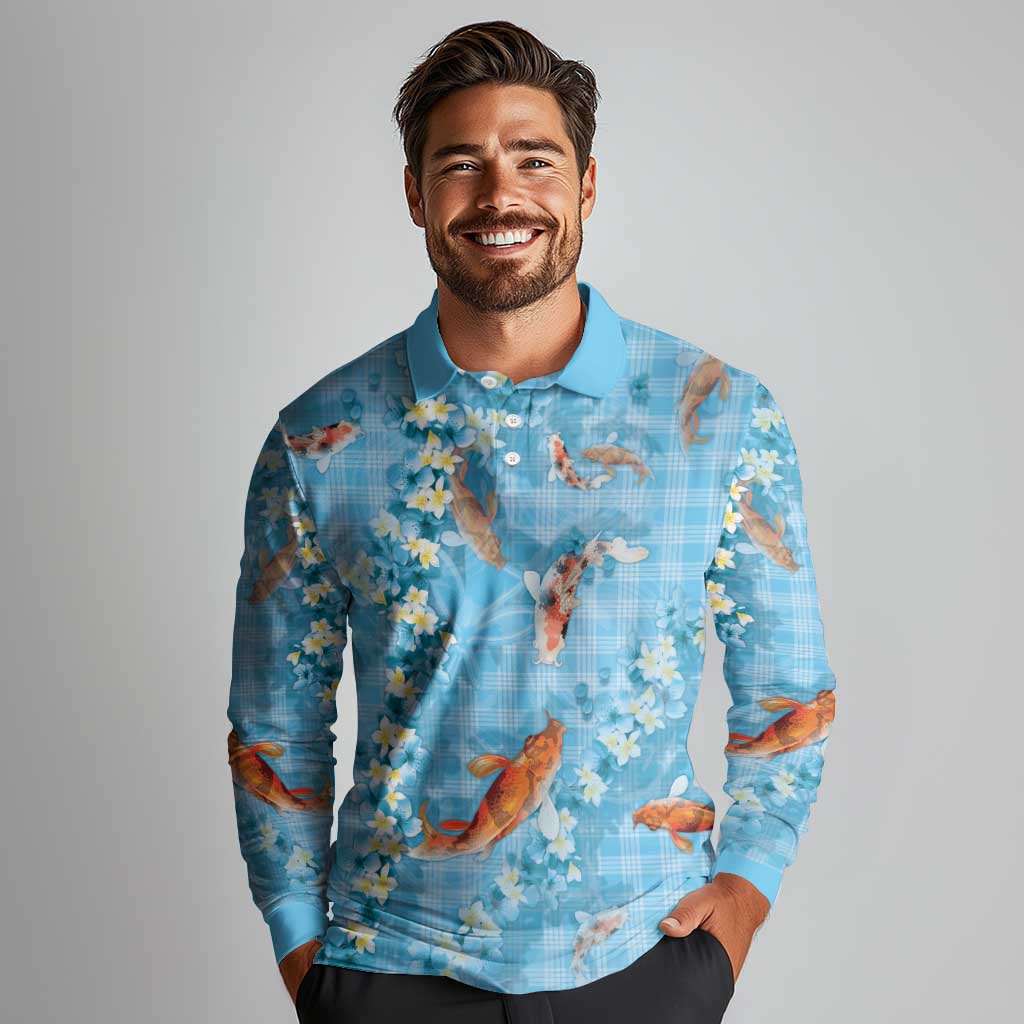 Blue Palaka Hawaiian And Japanese Long Sleeve Polo Shirt Sakura Lei With Koi Fish DT05 - Polynesian Pride