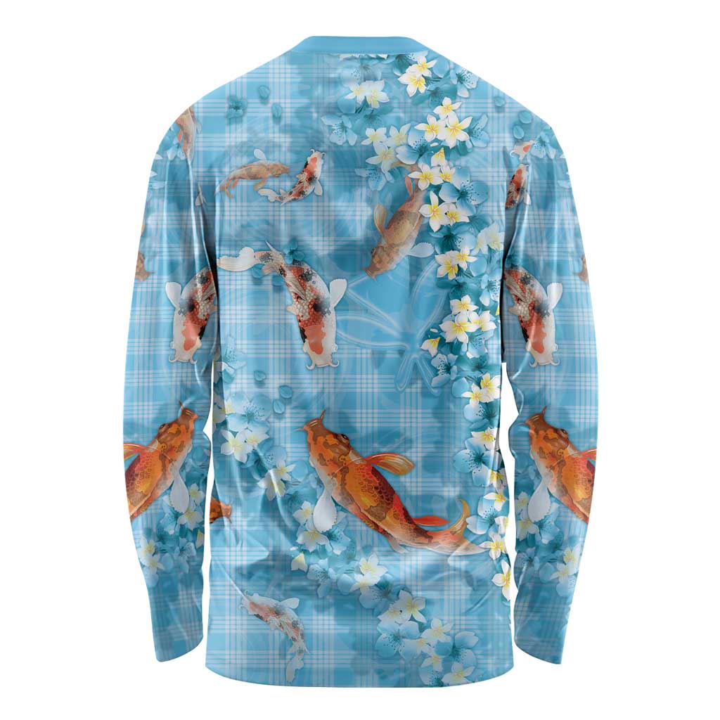 Blue Palaka Hawaiian And Japanese Long Sleeve Shirt Sakura Lei With Koi Fish DT05 - Polynesian Pride