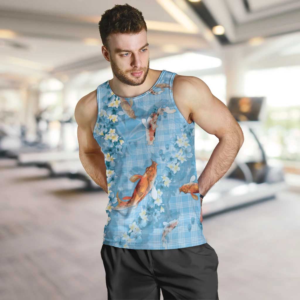 Blue Palaka Hawaiian And Japanese Men Tank Top Sakura Lei With Koi Fish DT05 Blue - Polynesian Pride