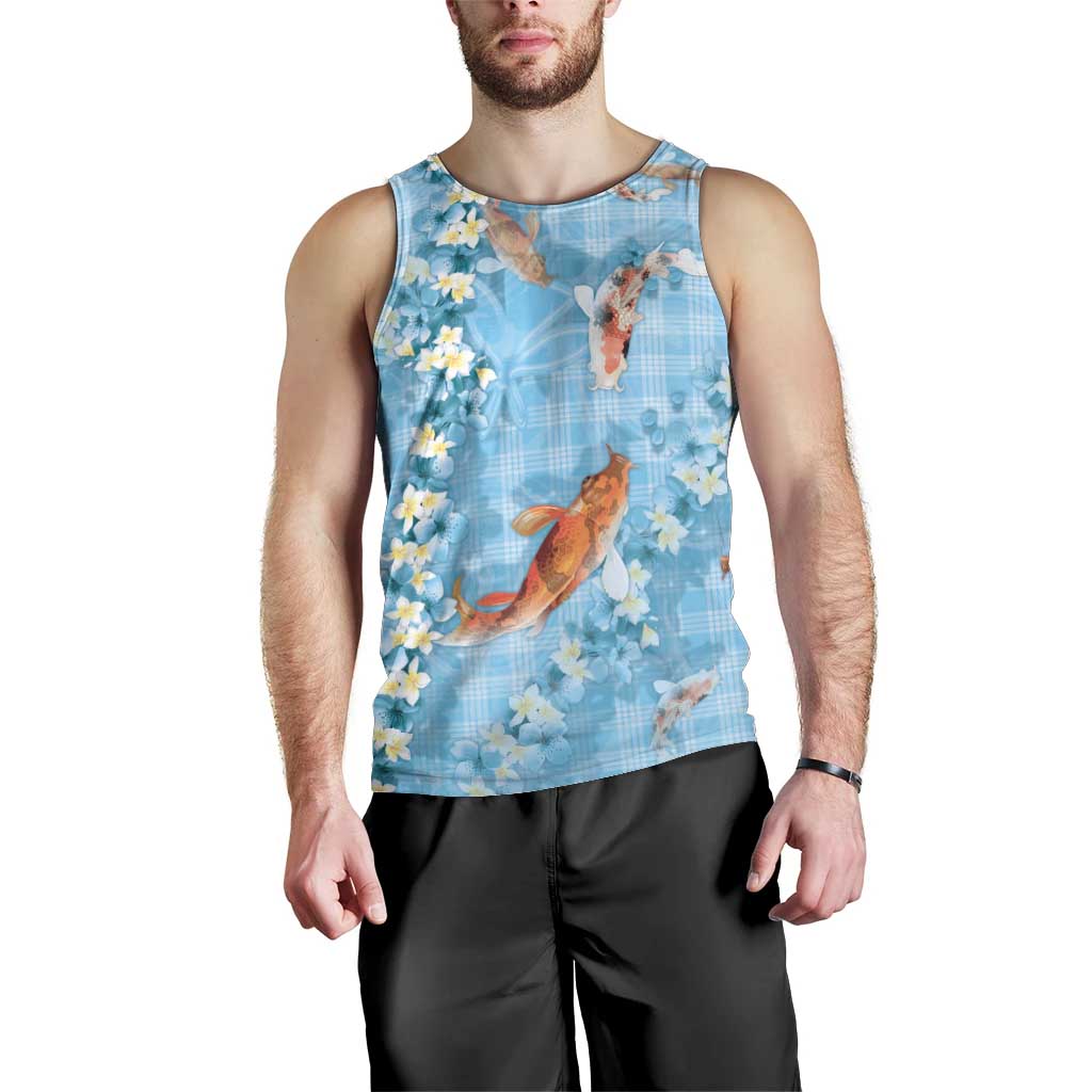 Blue Palaka Hawaiian And Japanese Men Tank Top Sakura Lei With Koi Fish DT05 - Polynesian Pride