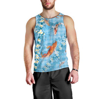 Blue Palaka Hawaiian And Japanese Men Tank Top Sakura Lei With Koi Fish DT05 - Polynesian Pride