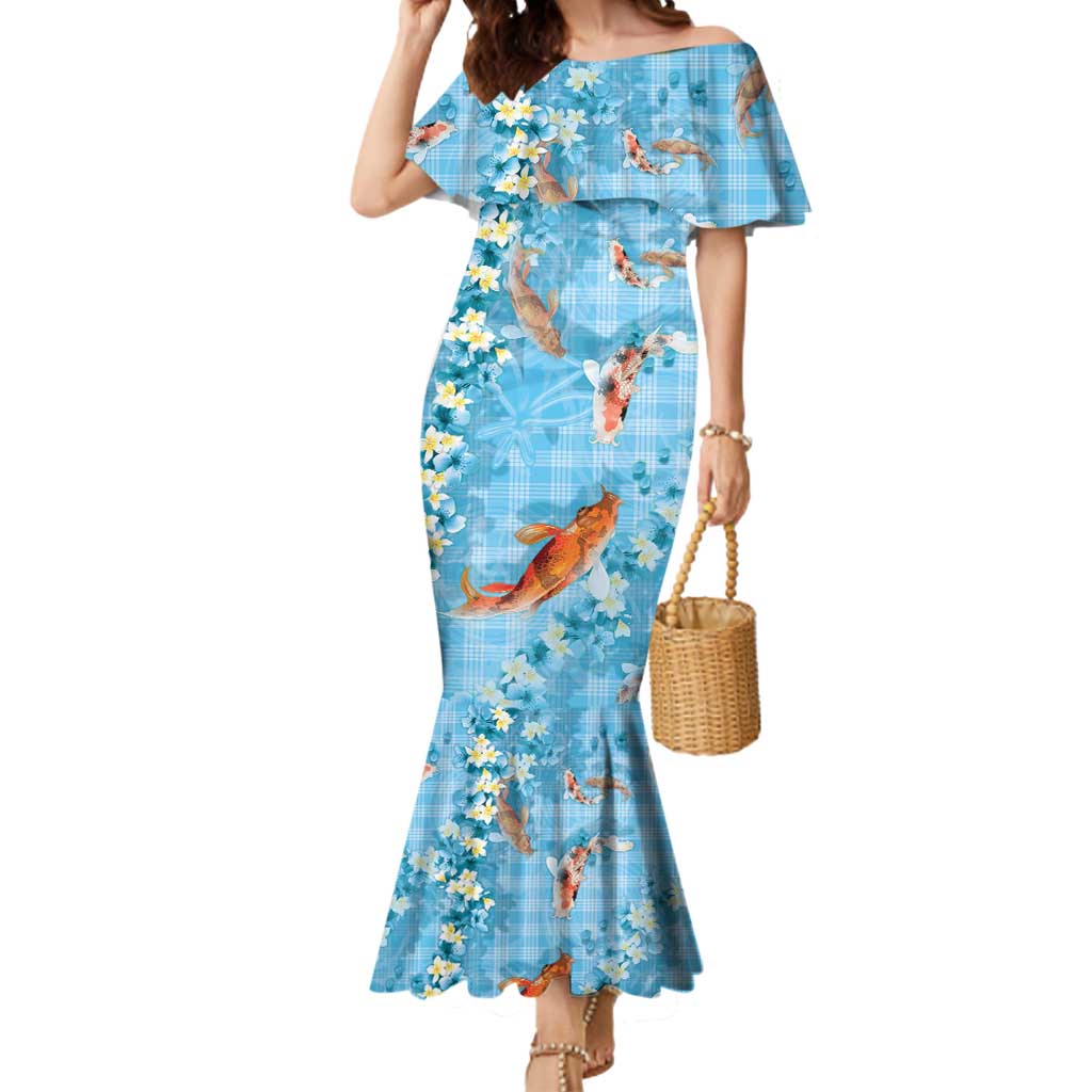 Blue Palaka Hawaiian And Japanese Mermaid Dress Sakura Lei With Koi Fish - Polynesian Pride