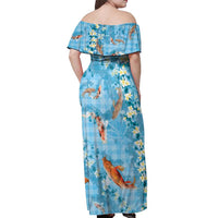 Blue Palaka Hawaiian And Japanese Off Shoulder Maxi Dress Sakura Lei With Koi Fish - Polynesian Pride