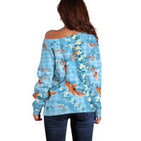 Blue Palaka Hawaiian And Japanese Off Shoulder Sweater Sakura Lei With Koi Fish - Polynesian Pride