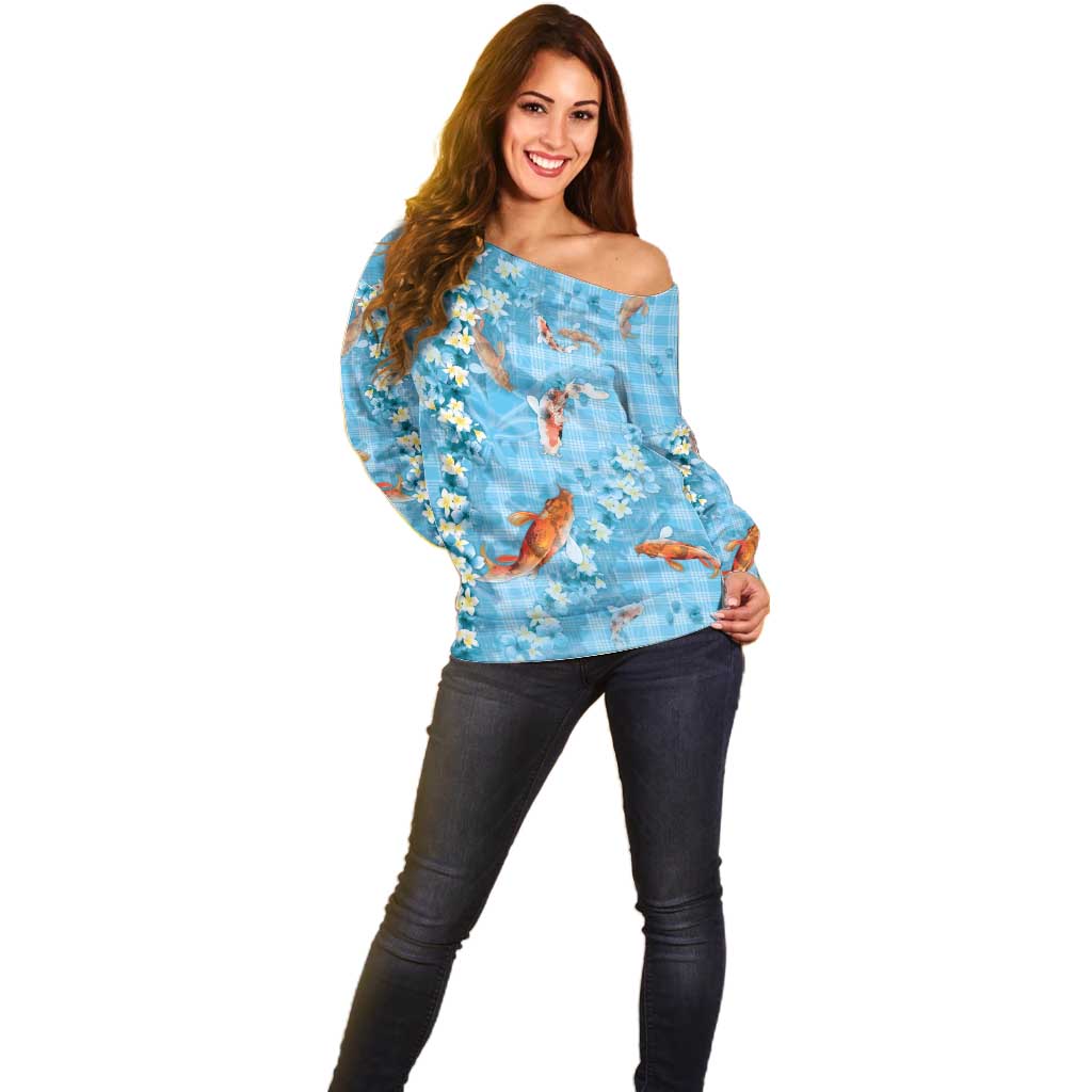 Blue Palaka Hawaiian And Japanese Off Shoulder Sweater Sakura Lei With Koi Fish - Polynesian Pride