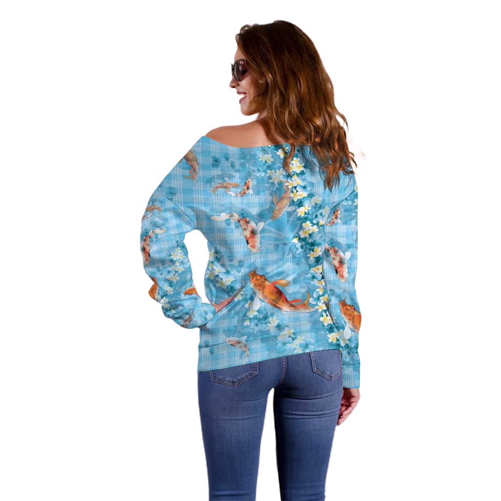 Blue Palaka Hawaiian And Japanese Off Shoulder Sweater Sakura Lei With Koi Fish - Polynesian Pride