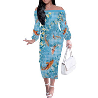 Blue Palaka Hawaiian And Japanese Off The Shoulder Long Sleeve Dress Sakura Lei With Koi Fish - Polynesian Pride