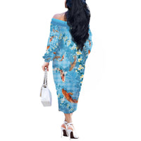 Blue Palaka Hawaiian And Japanese Off The Shoulder Long Sleeve Dress Sakura Lei With Koi Fish - Polynesian Pride