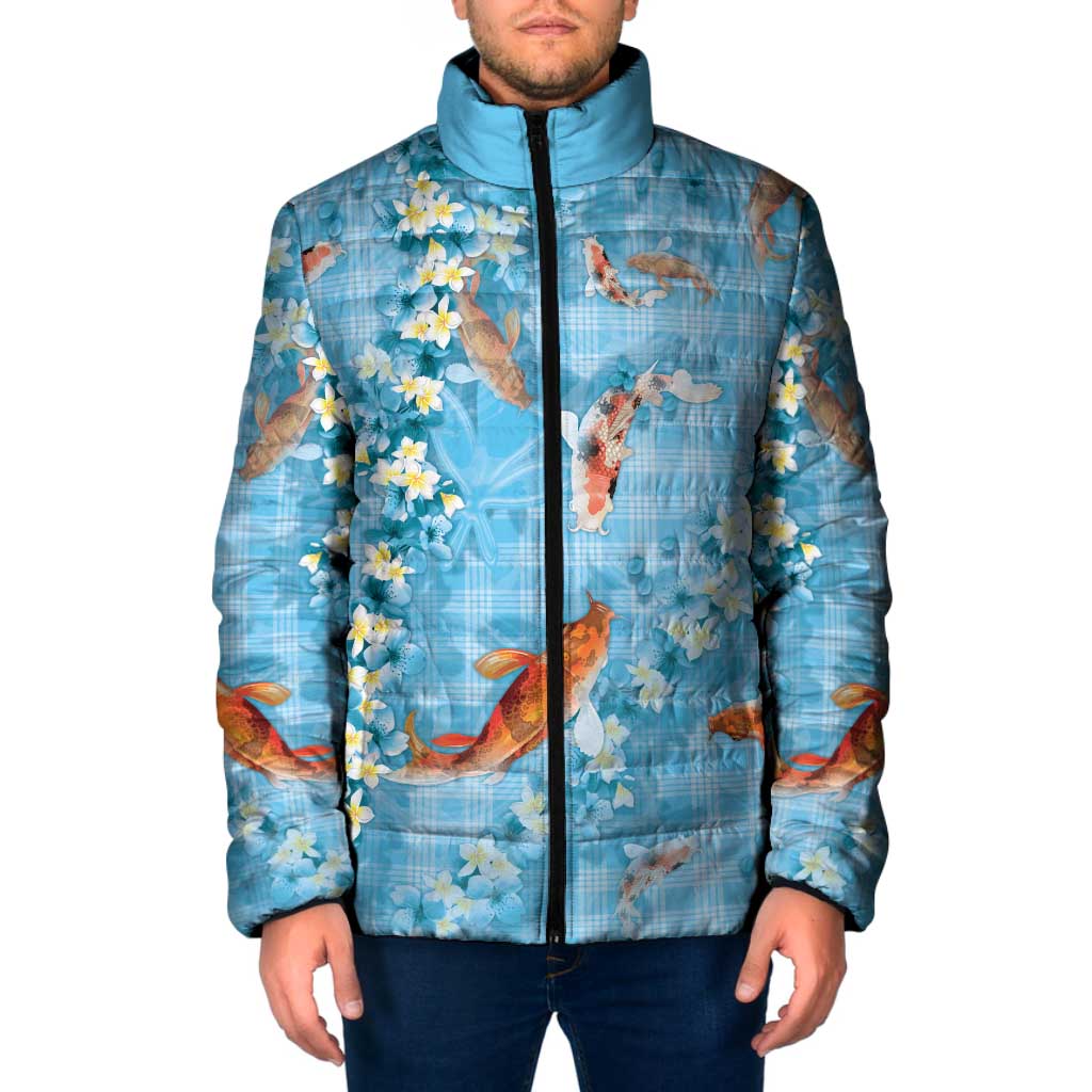 Blue Palaka Hawaiian And Japanese Padded Jacket Sakura Lei With Koi Fish DT05 Men Blue - Polynesian Pride