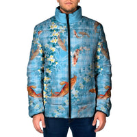 Blue Palaka Hawaiian And Japanese Padded Jacket Sakura Lei With Koi Fish DT05 Men Blue - Polynesian Pride