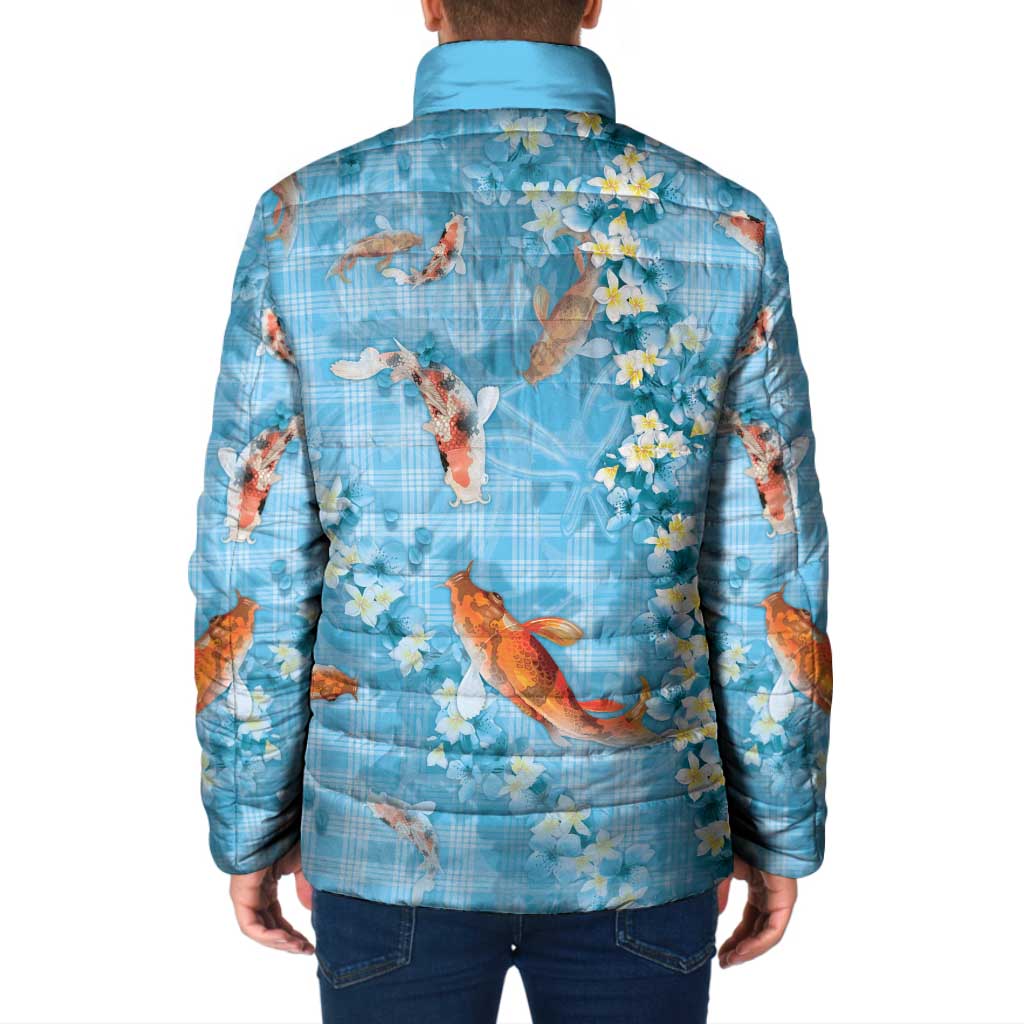 Blue Palaka Hawaiian And Japanese Padded Jacket Sakura Lei With Koi Fish DT05 - Polynesian Pride