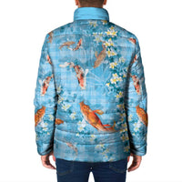 Blue Palaka Hawaiian And Japanese Padded Jacket Sakura Lei With Koi Fish DT05 - Polynesian Pride