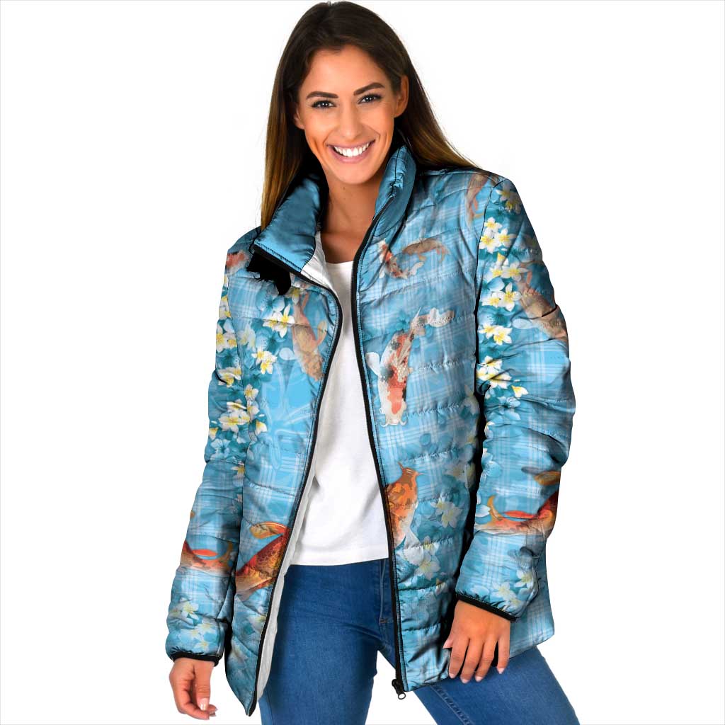 Blue Palaka Hawaiian And Japanese Padded Jacket Sakura Lei With Koi Fish DT05 Women Blue - Polynesian Pride