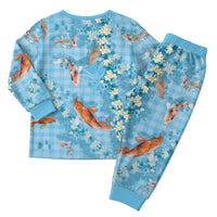 Blue Palaka Hawaiian And Japanese Christmas Pajama Set Sakura Lei With Koi Fish - Polynesian Pride