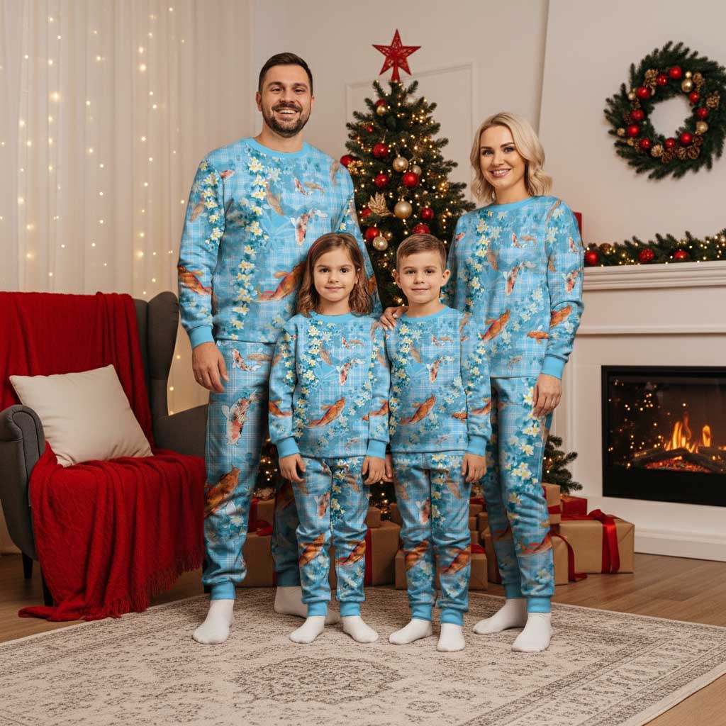 Blue Palaka Hawaiian And Japanese Christmas Pajama Set Sakura Lei With Koi Fish - Polynesian Pride