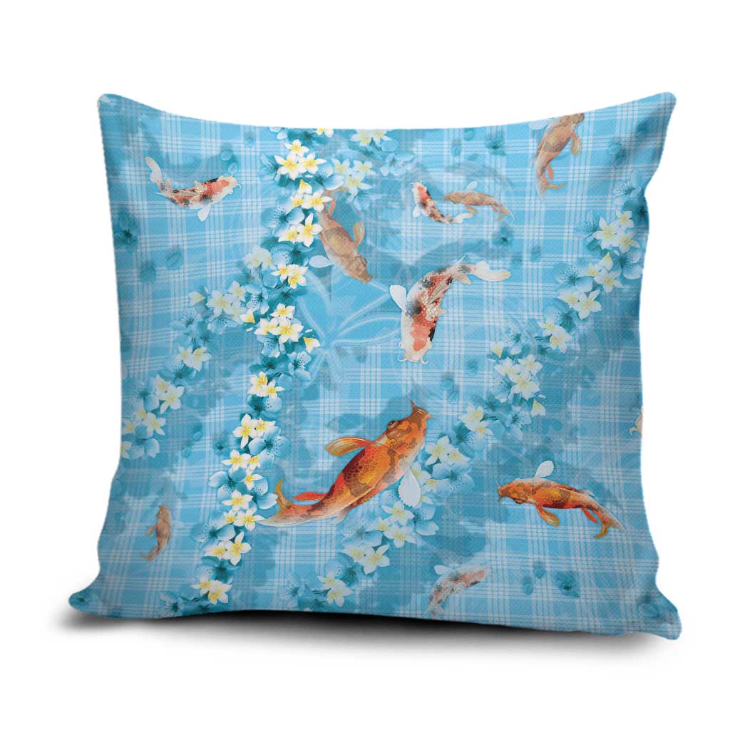 Blue Palaka Hawaiian And Japanese Pillow Cover Sakura Lei With Koi Fish - Polynesian Pride