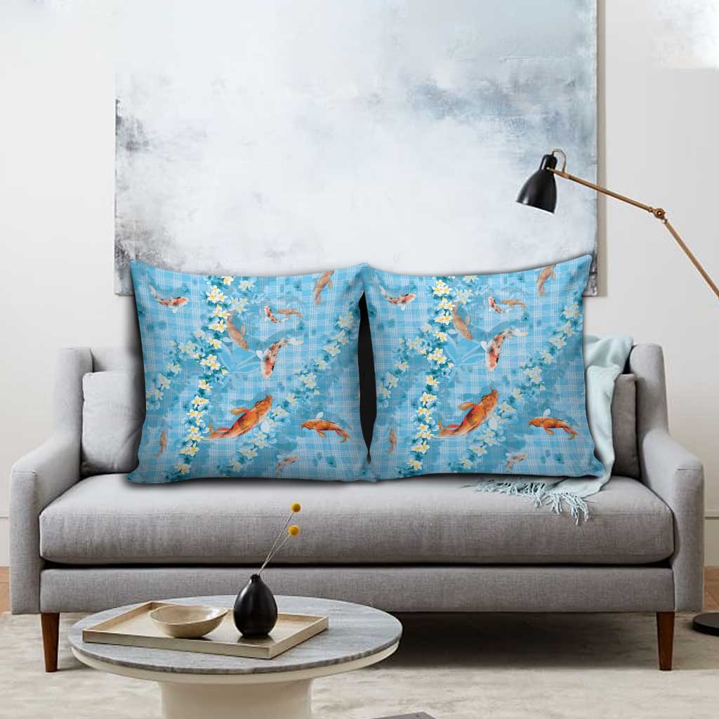 Blue Palaka Hawaiian And Japanese Pillow Cover Sakura Lei With Koi Fish - Polynesian Pride