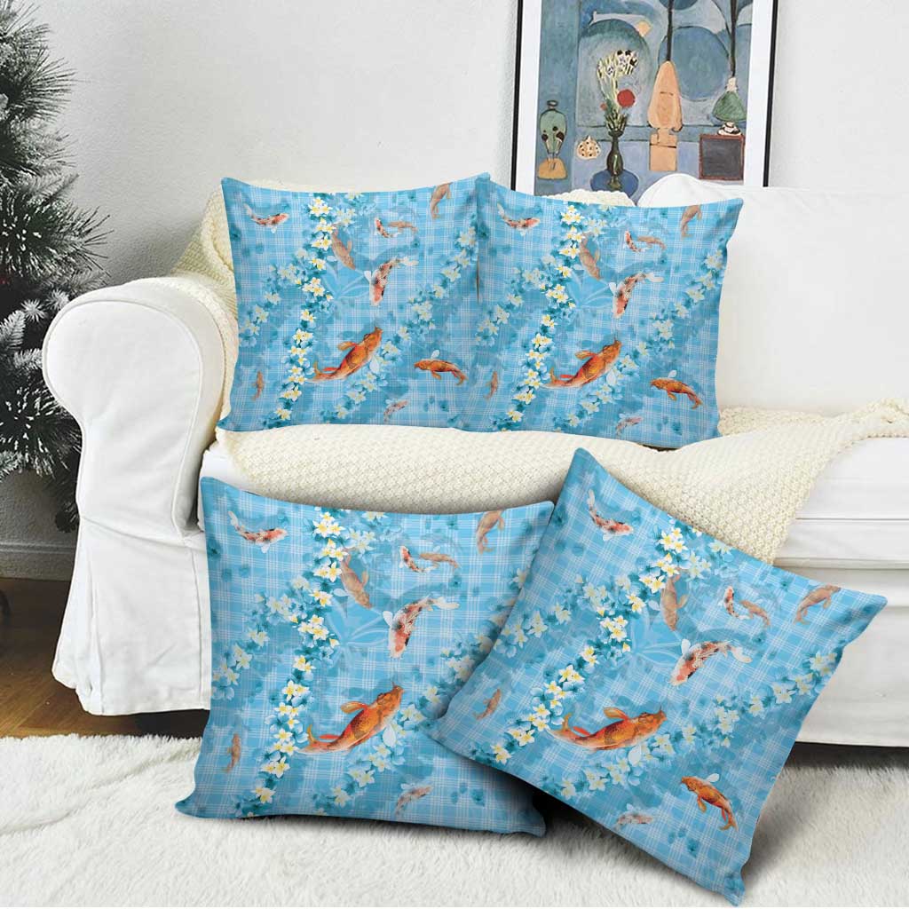 Blue Palaka Hawaiian And Japanese Pillow Cover Sakura Lei With Koi Fish - Polynesian Pride
