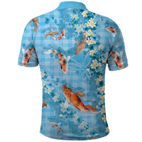 Blue Palaka Hawaiian And Japanese Polo Shirt Sakura Lei With Koi Fish - Polynesian Pride