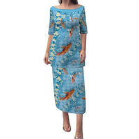 Blue Palaka Hawaiian And Japanese Puletasi Sakura Lei With Koi Fish - Polynesian Pride