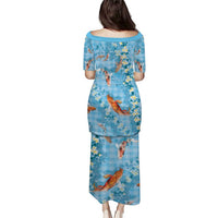 Blue Palaka Hawaiian And Japanese Puletasi Sakura Lei With Koi Fish - Polynesian Pride