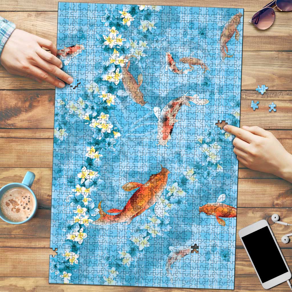 Blue Palaka Hawaiian And Japanese Puzzle Sakura Lei With Koi Fish DT05 Blue - Polynesian Pride