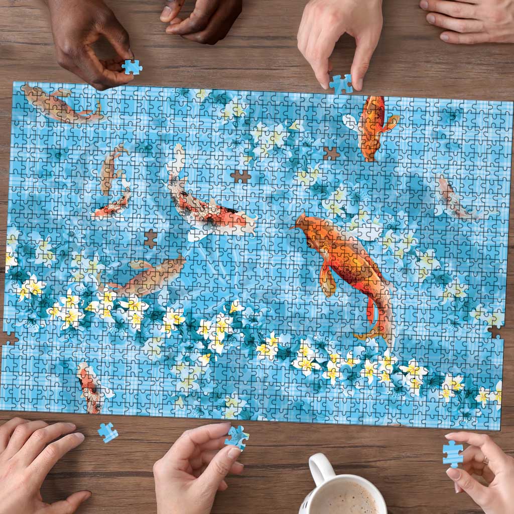 Blue Palaka Hawaiian And Japanese Puzzle Sakura Lei With Koi Fish DT05 - Polynesian Pride