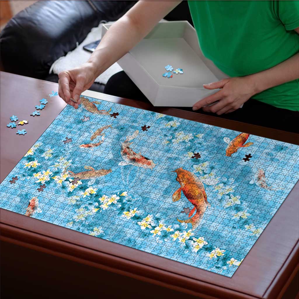 Blue Palaka Hawaiian And Japanese Puzzle Sakura Lei With Koi Fish DT05 - Polynesian Pride