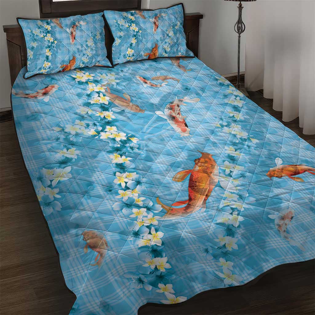 Blue Palaka Hawaiian And Japanese Quilt Bed Set Sakura Lei With Koi Fish - Polynesian Pride
