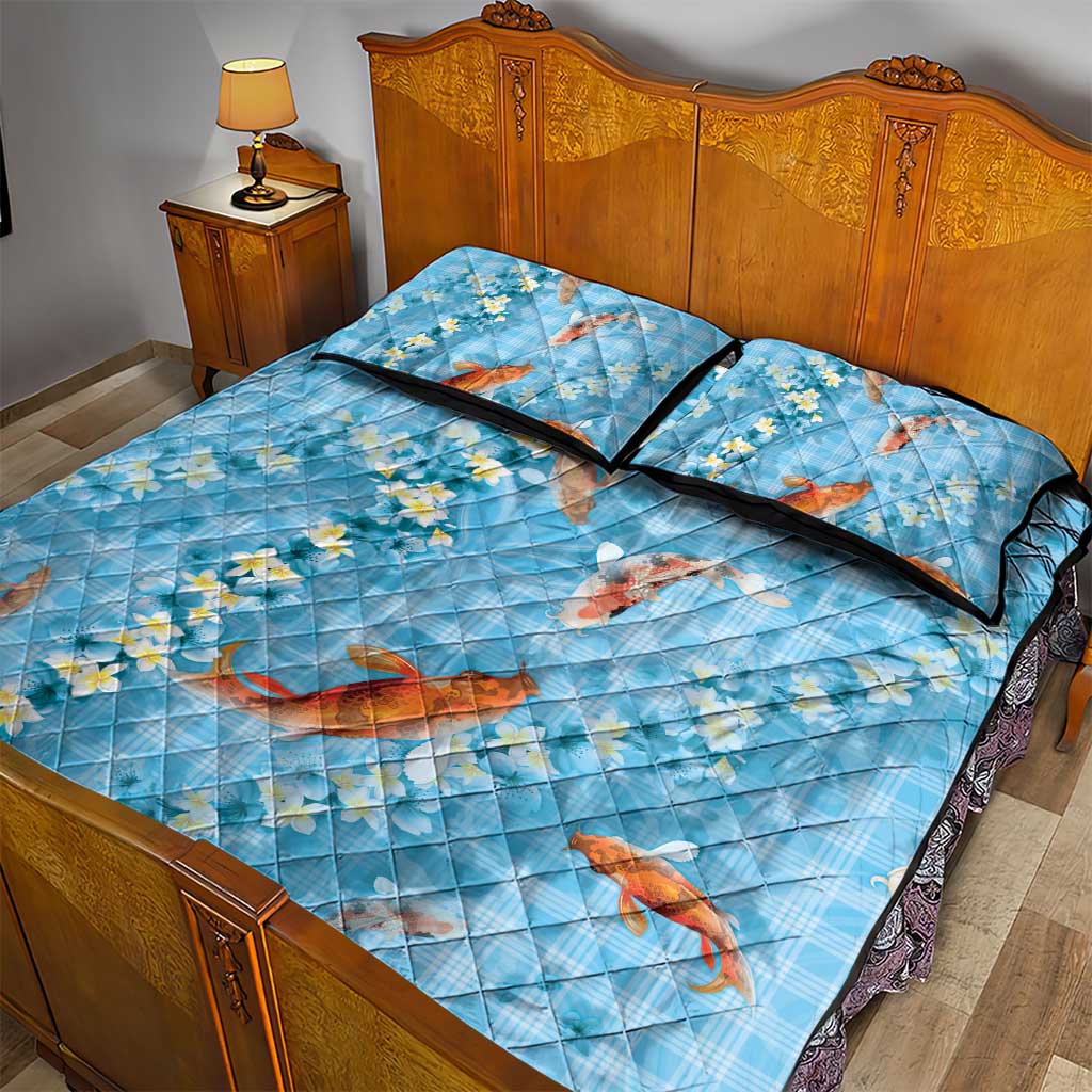 Blue Palaka Hawaiian And Japanese Quilt Bed Set Sakura Lei With Koi Fish - Polynesian Pride