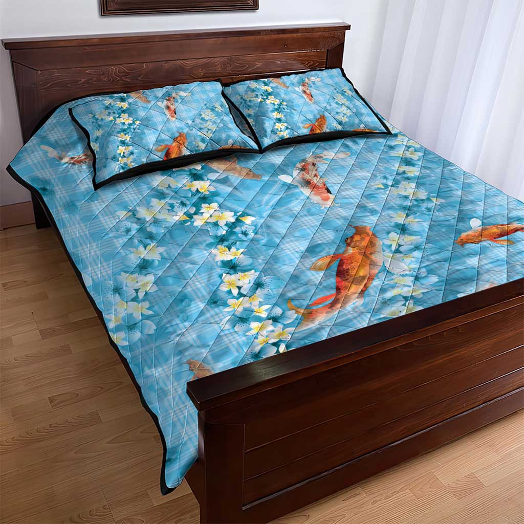 Blue Palaka Hawaiian And Japanese Quilt Bed Set Sakura Lei With Koi Fish - Polynesian Pride