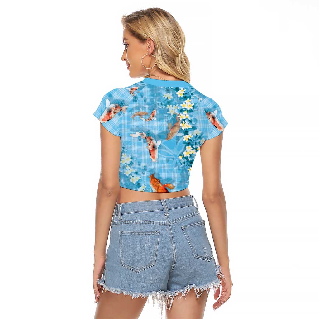 Blue Palaka Hawaiian And Japanese Raglan Cropped T Shirt Sakura Lei With Koi Fish DT05 - Polynesian Pride