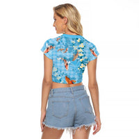 Blue Palaka Hawaiian And Japanese Raglan Cropped T Shirt Sakura Lei With Koi Fish DT05 - Polynesian Pride